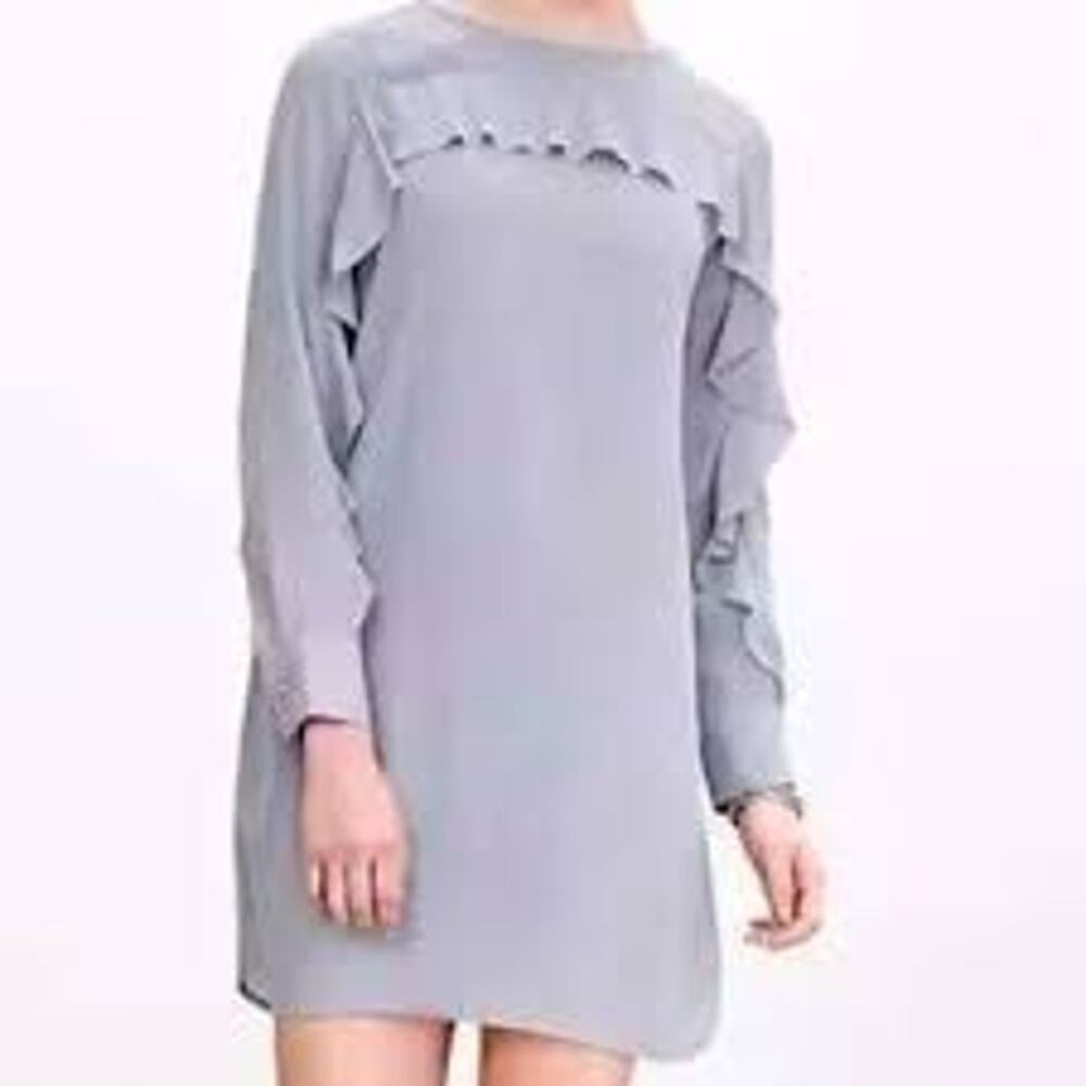 Banana Republic Gray Ruffle Long Sleeve Silky Lightweight Midi Dress Size 10